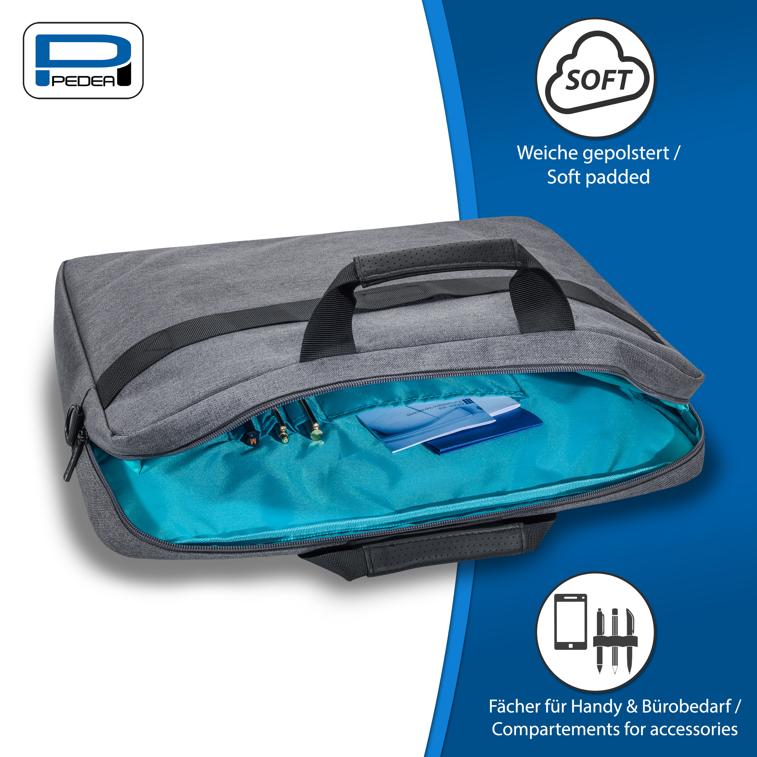 PEDEA Lifestyle Notebooktasche für 15,6 Zoll 39,6cm mit Zubehörfach/Schultergurt grau 